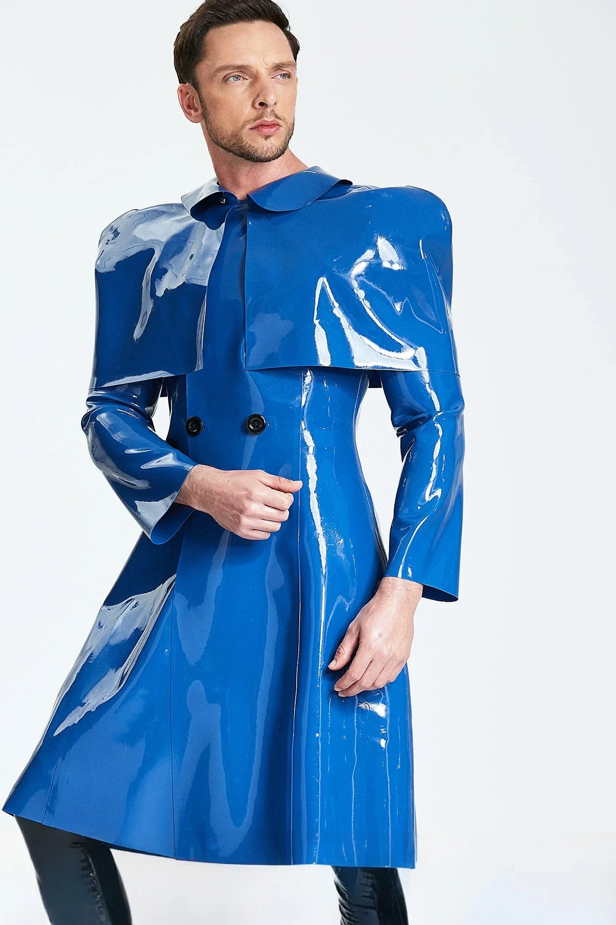 Middle Blue 'Sherlock' Caped Double-Breasted Latex Raincoat
