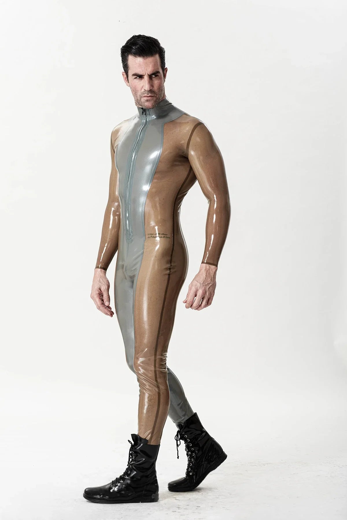 Metallic Silver Translucent-Grey Panel Front-Zip Latex Catsuit