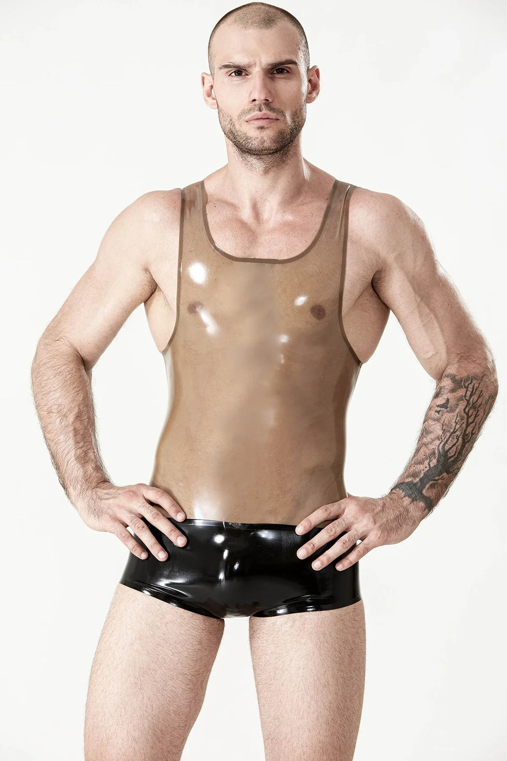 Translucent Grey & Black Singlet Short-Leg Zipperless Latex Leotard