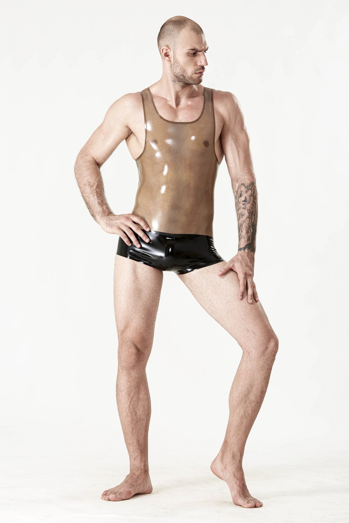 Translucent Grey & Black Singlet Short-Leg Zipperless Latex Leotard