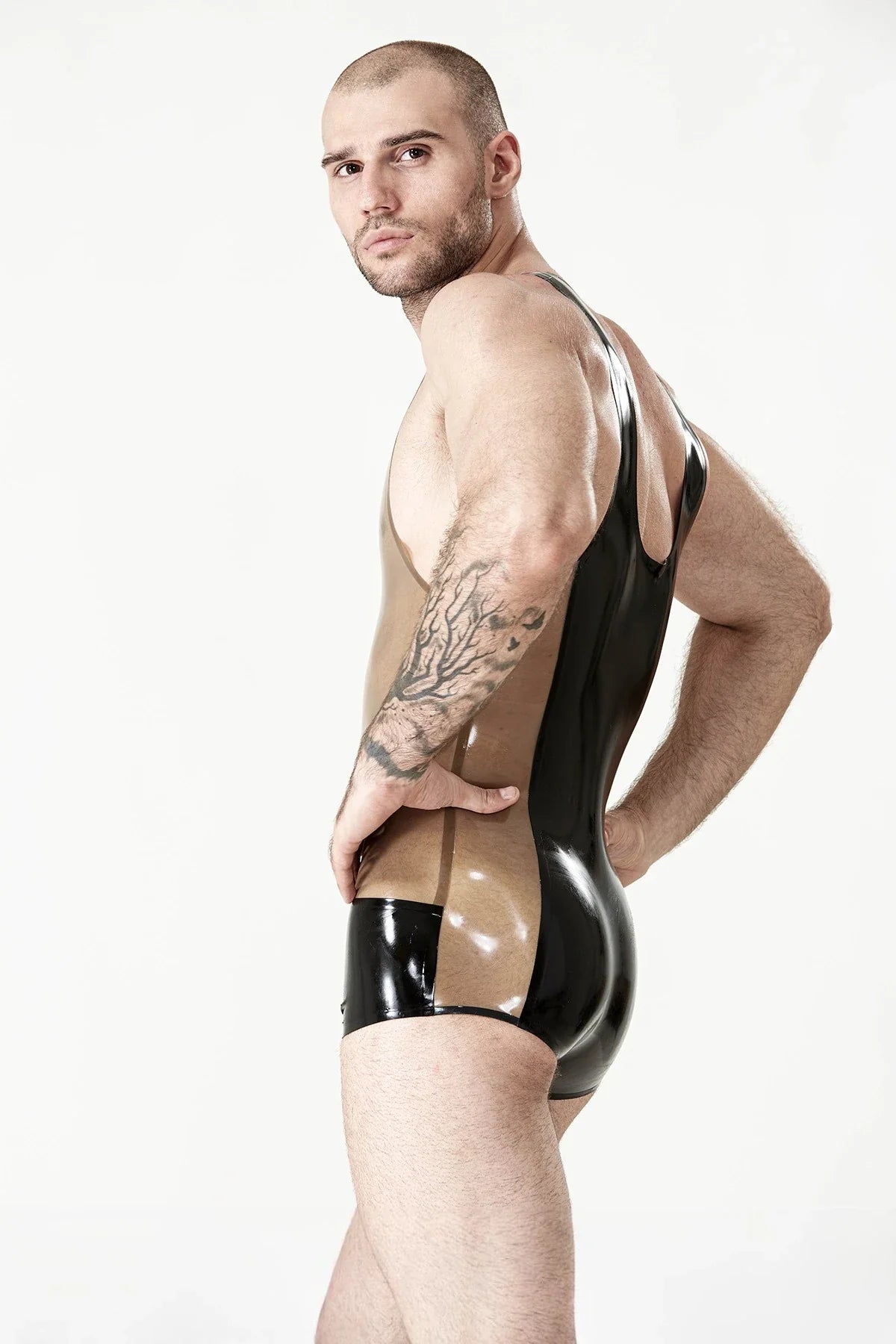 Translucent Grey & Black Singlet Short-Leg Zipperless Latex Leotard