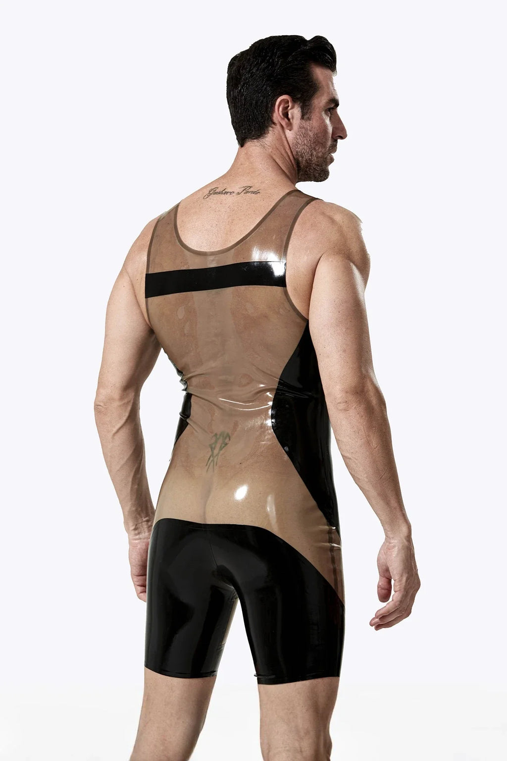 Translucent Grey & Black Short-Leg Zipperless Latex Singlet Suit
