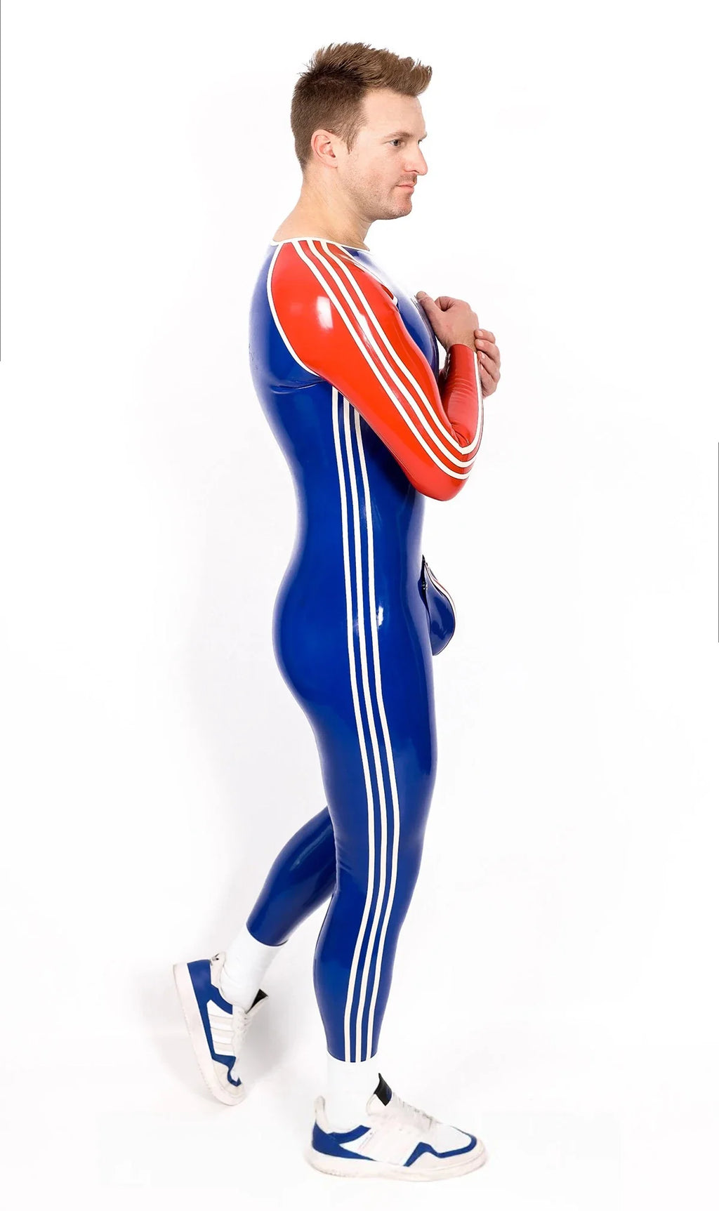 Royal Blue & Red 'Sportsman' Striped Codpiece Zipperless Latex Catsuit