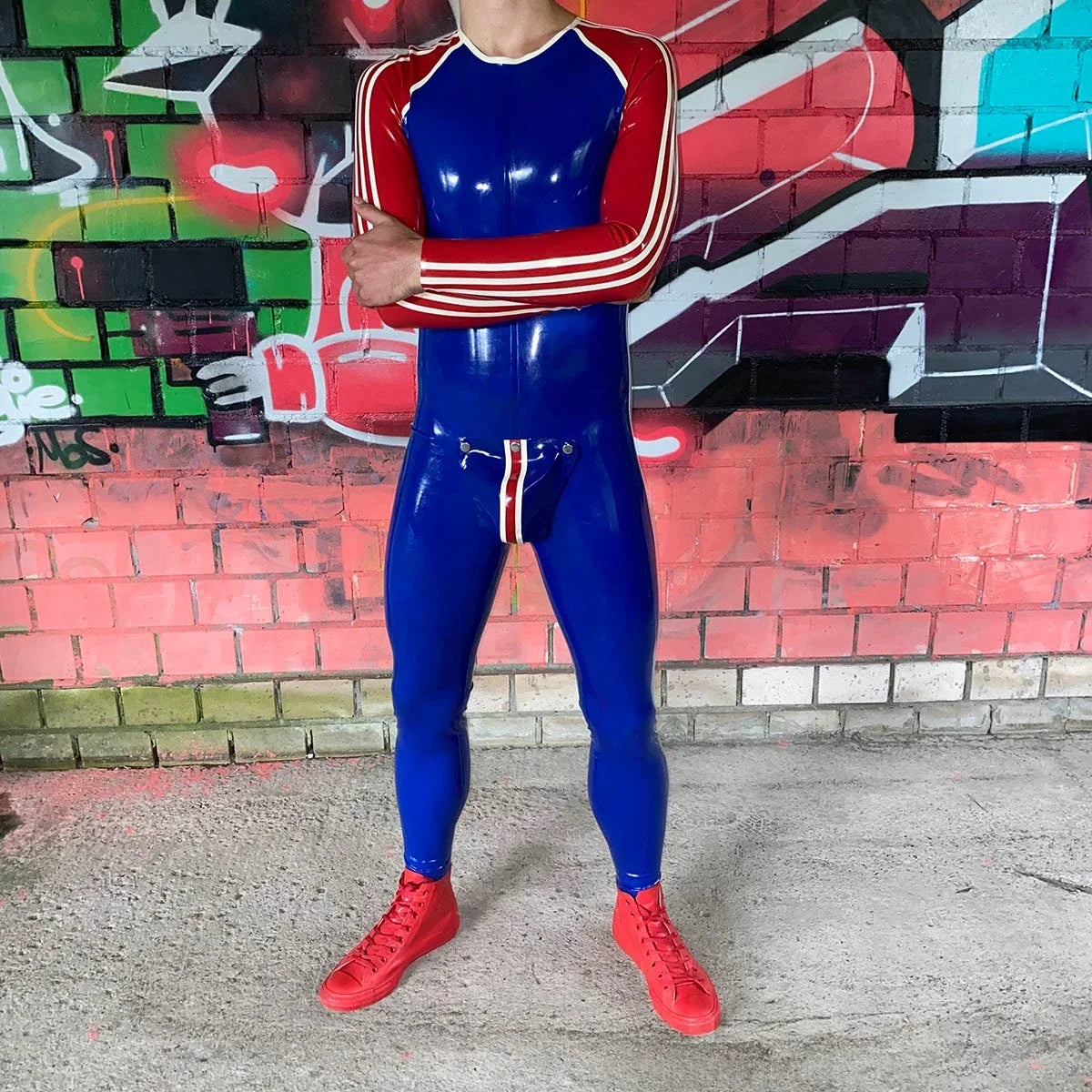 Royal Blue & Red 'Sportsman' Striped Codpiece Zipperless Latex Catsuit