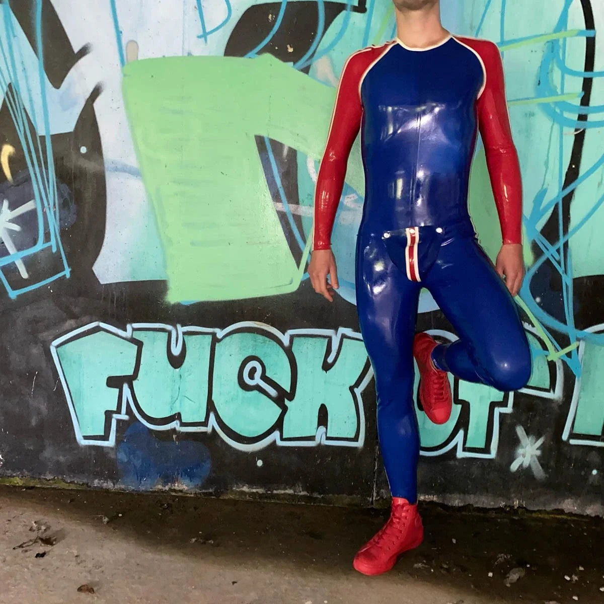 Royal Blue & Red 'Sportsman' Striped Codpiece Zipperless Latex Catsuit