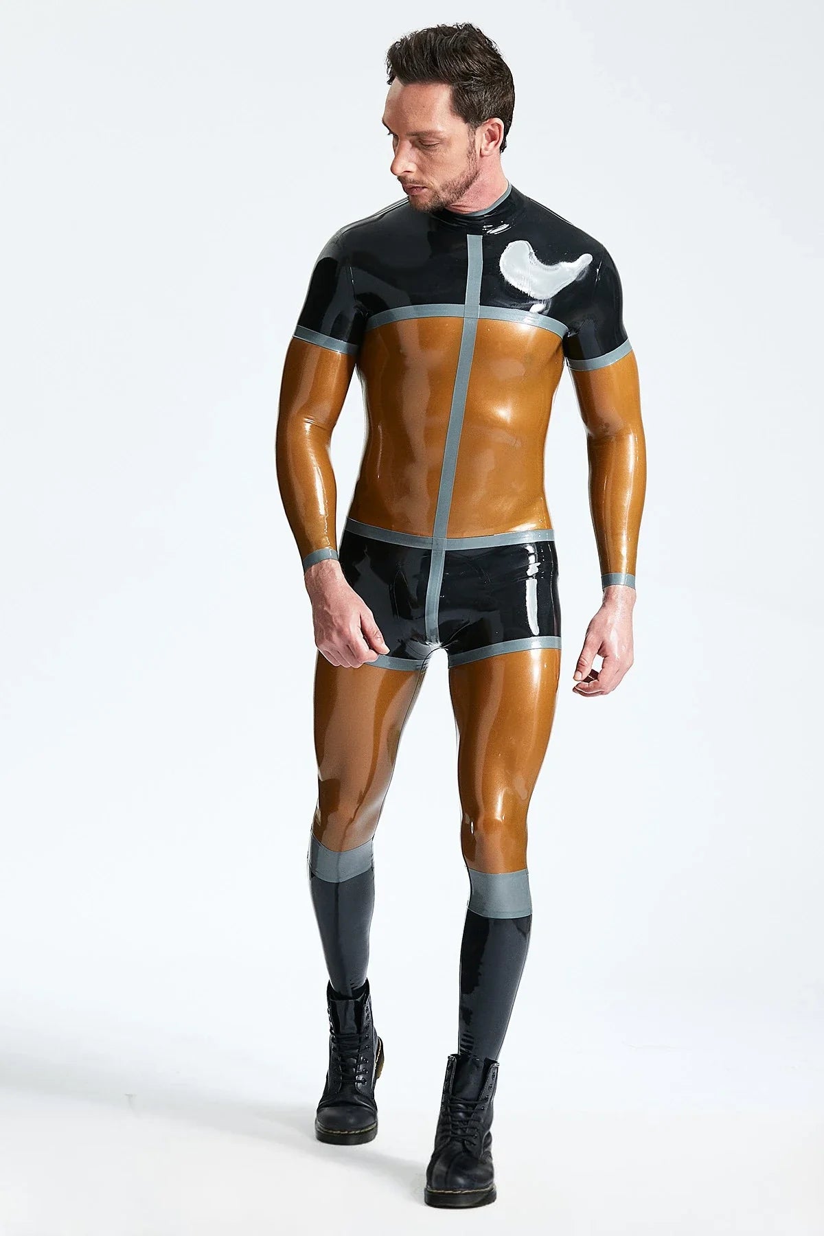Metallic Honey Black Sporty Back-Zip Latex Catsuit