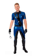 Metallic Blue & Black Front-Zip Latex Police Breeches