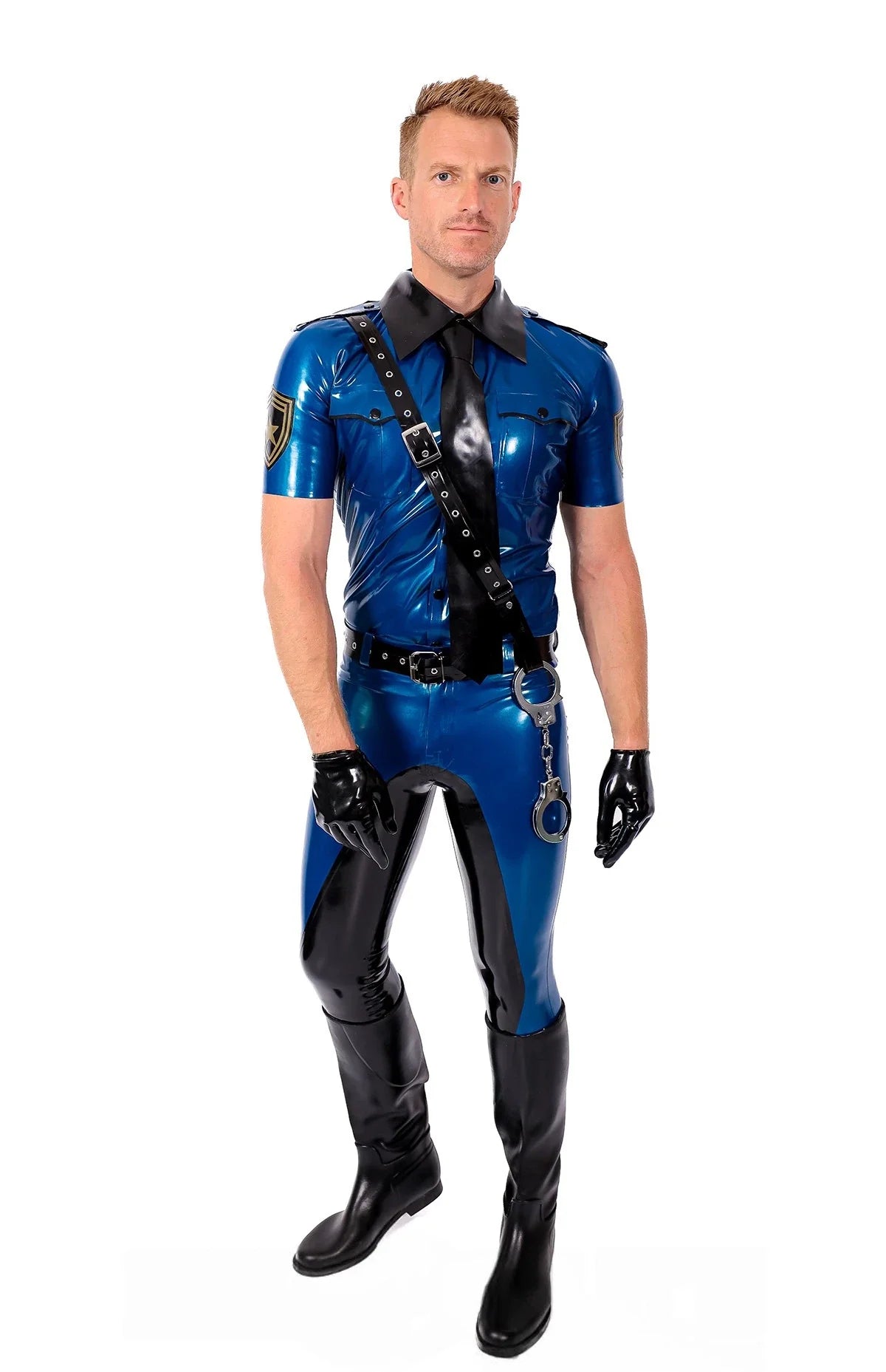 Metallic Blue & Black Front-Zip Latex Police Breeches