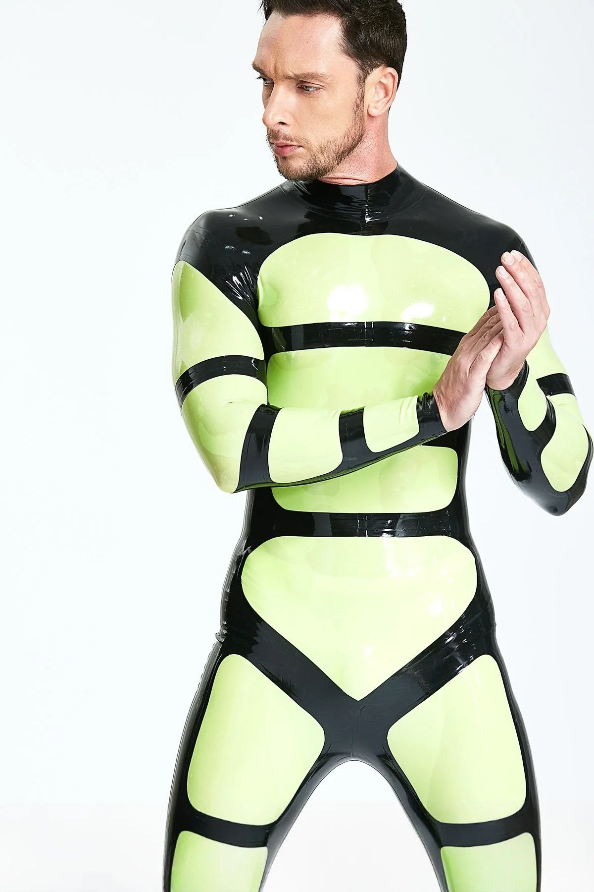 Grass Green Black Strapper Back-Zip Latex Catsuit