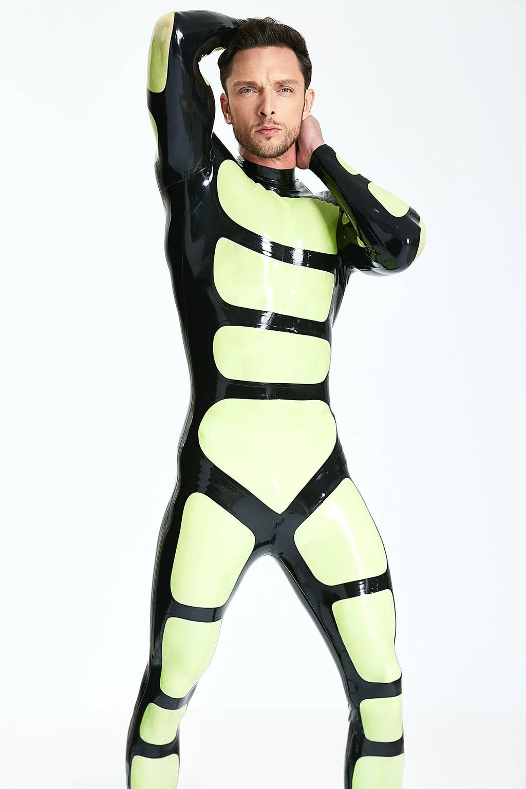 Grass Green Black Strapper Back-Zip Latex Catsuit