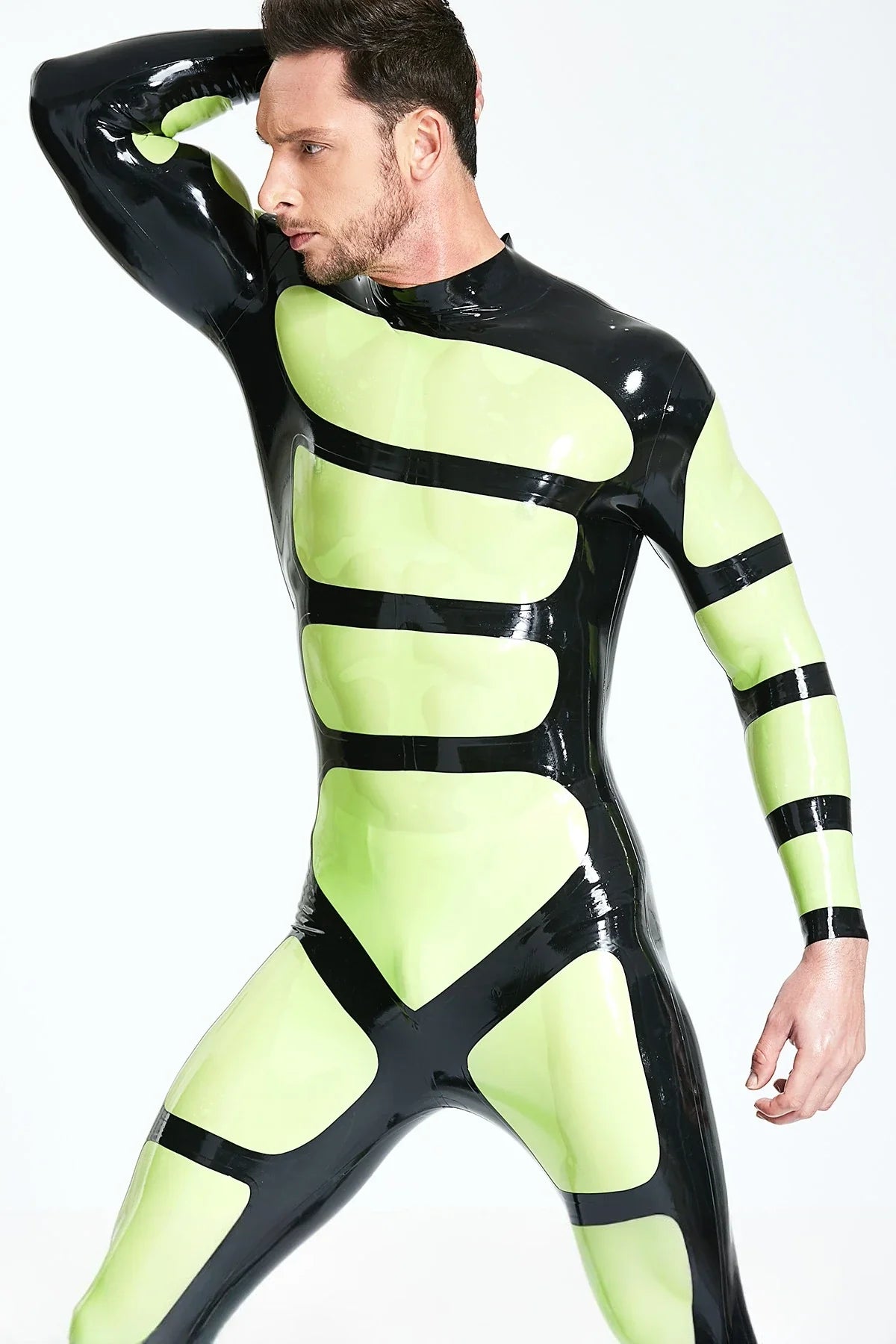 Grass Green Black Strapper Back-Zip Latex Catsuit