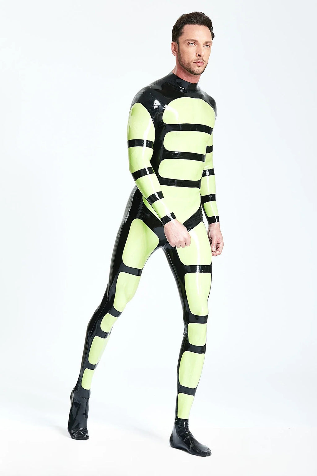 Grass Green Black Strapper Back-Zip Latex Catsuit
