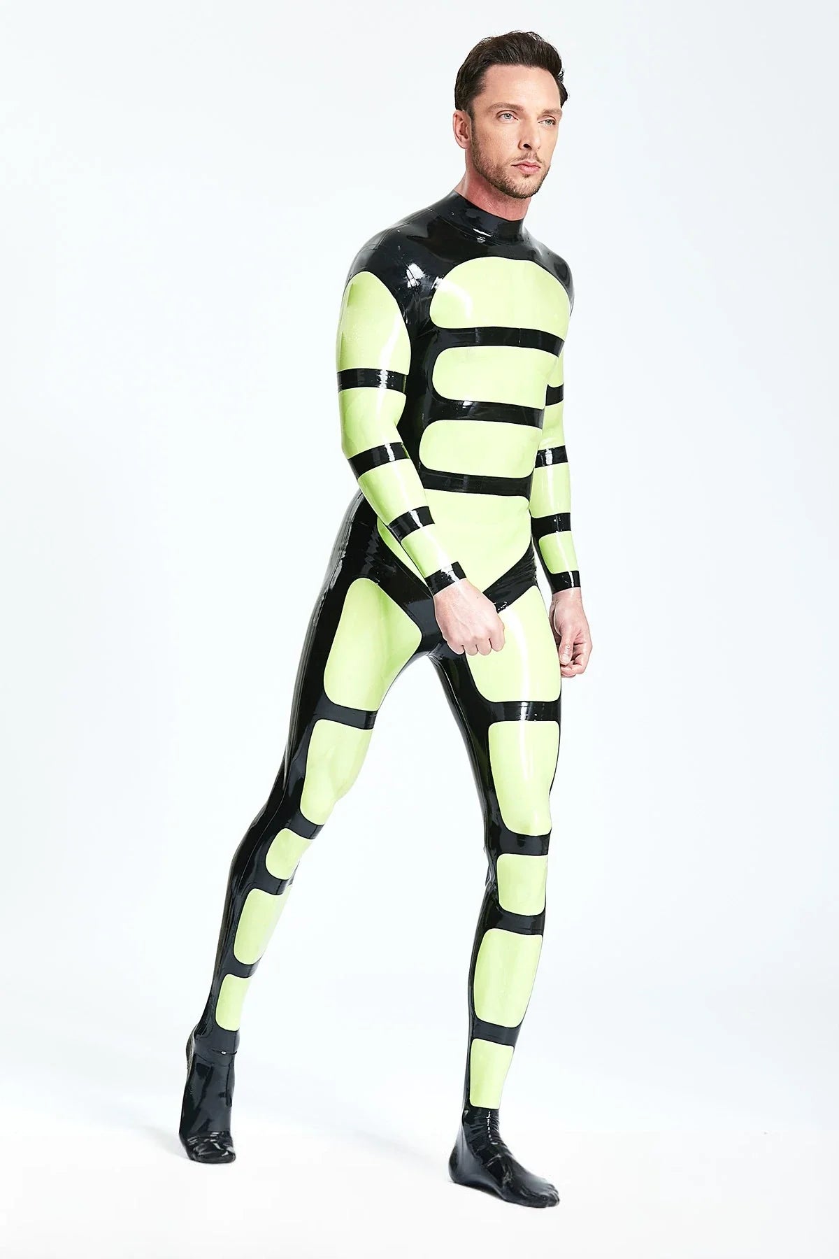 Grass Green Black Strapper Back-Zip Latex Catsuit