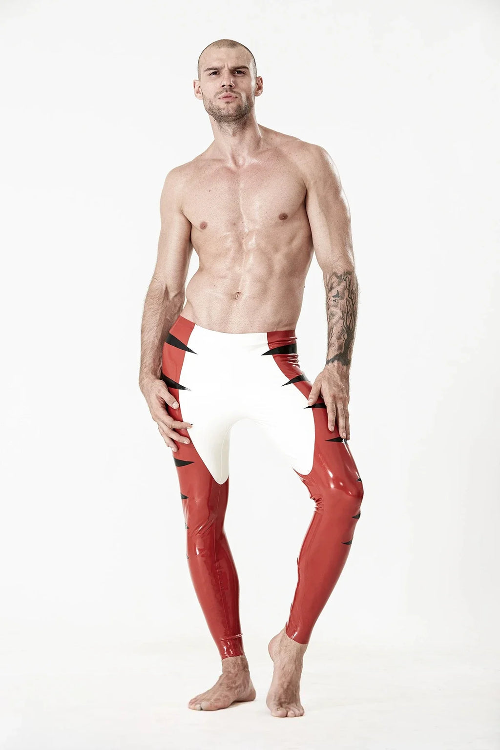 Red, White & Black Tabby Cat-Pattern No-Zip Ankle Latex Tights