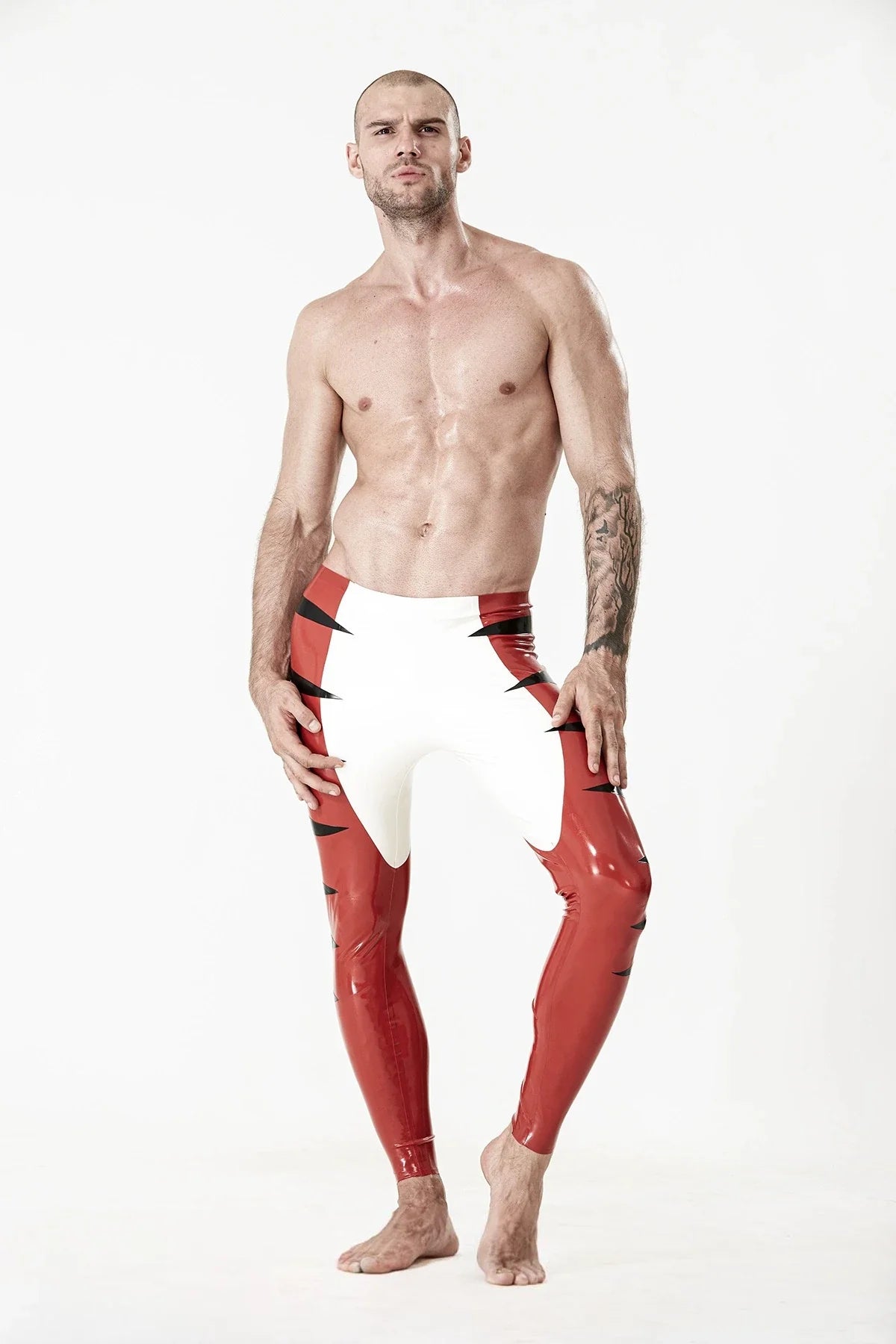 Red, White & Black Tabby Cat-Pattern No-Zip Ankle Latex Tights