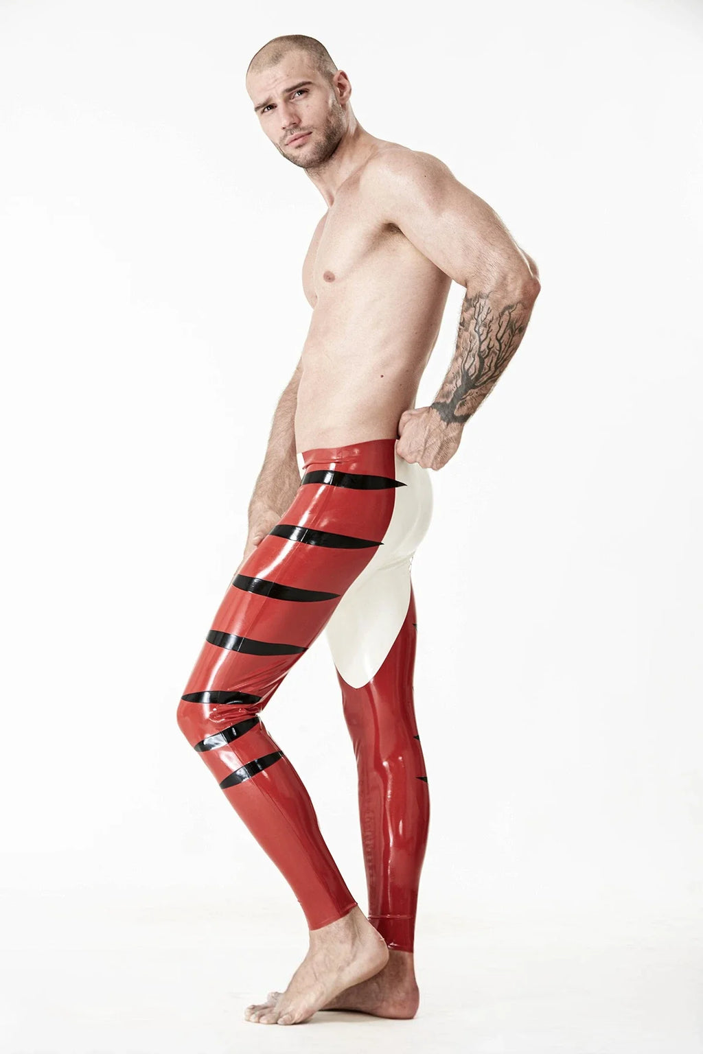 Red, White & Black Tabby Cat-Pattern No-Zip Ankle Latex Tights