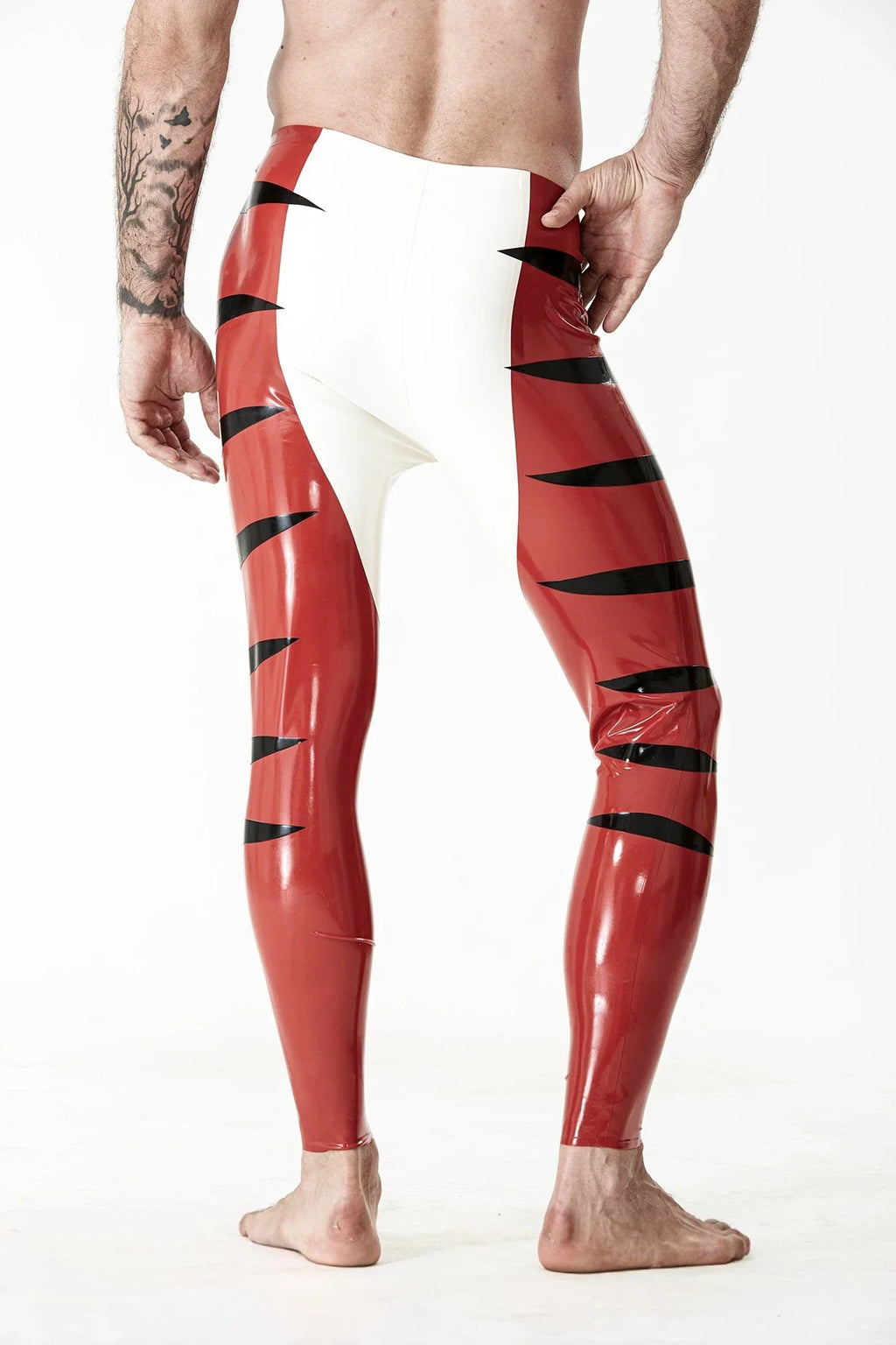 Red, White & Black Tabby Cat-Pattern No-Zip Ankle Latex Tights