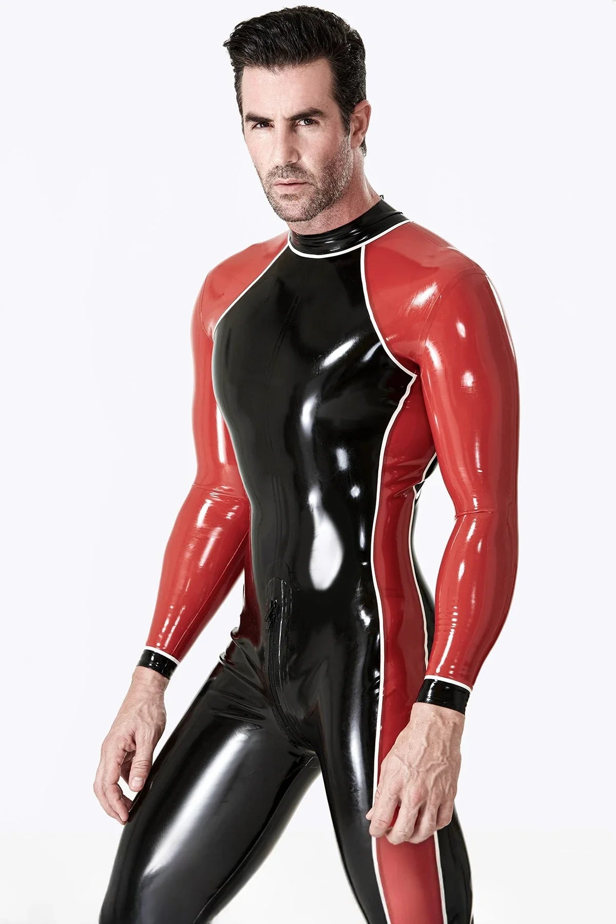 Black Red White Take Two Three-Way Through-Zip Latex Catsuit