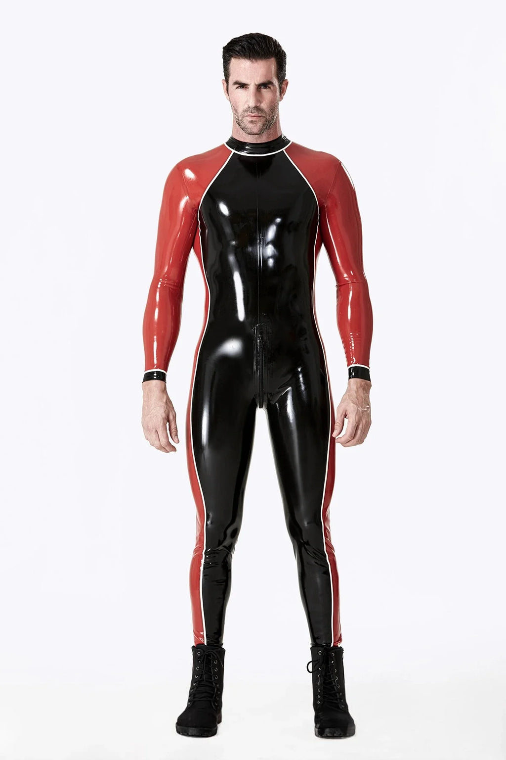 Black Red White Take Two Three-Way Through-Zip Latex Catsuit