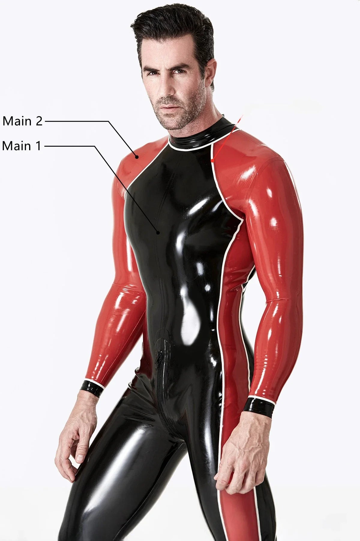 Black Red White Take Two Three-Way Through-Zip Latex Catsuit