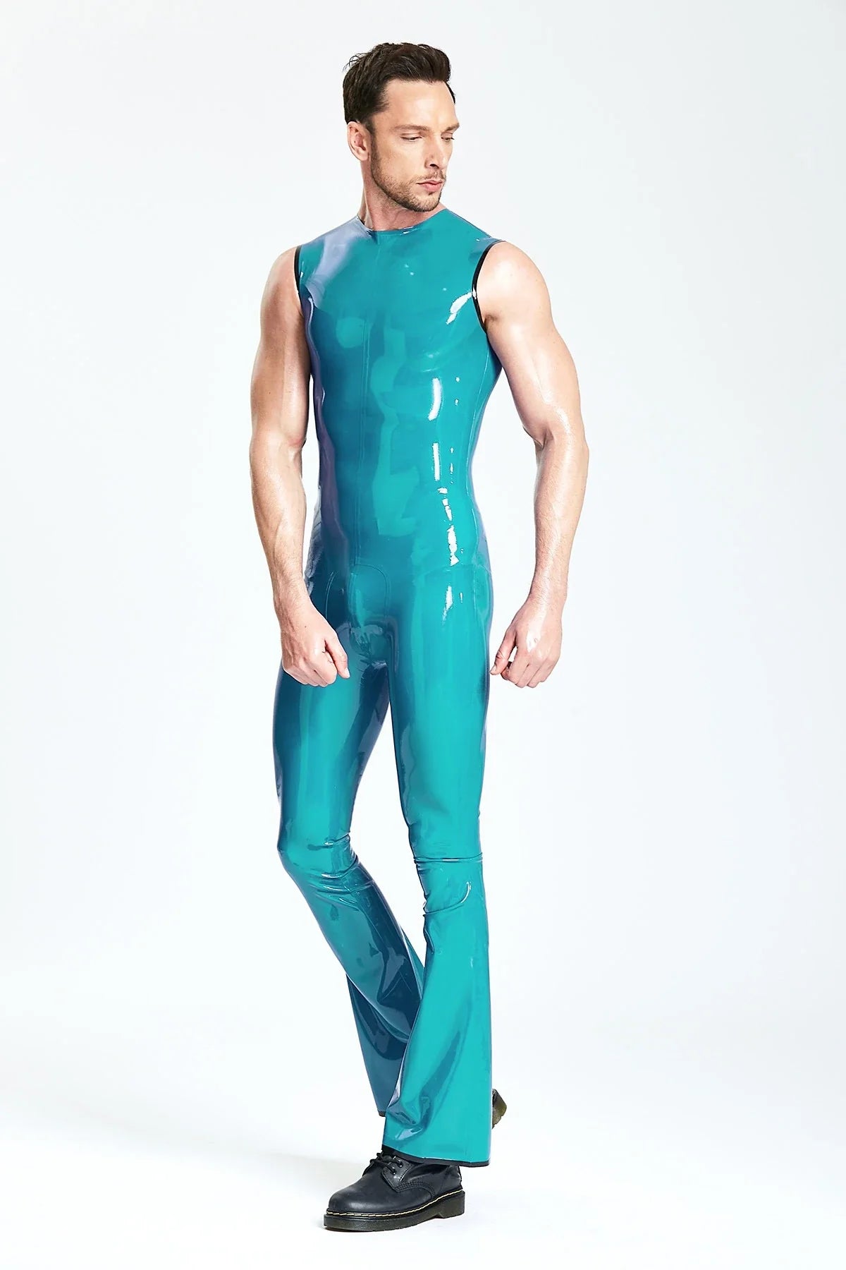 Turquoise Black-Trim Sleeveless Flared Back-Zip Latex Jumpsuit
