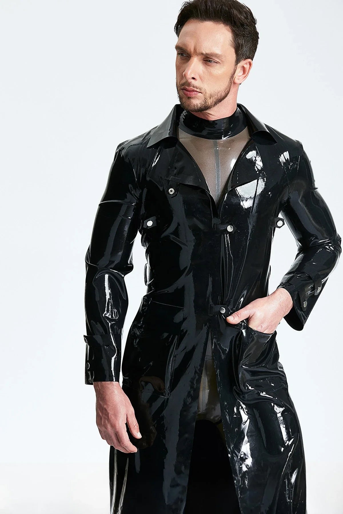 Black Studded Three-Quarter Length Latex Trench Coat