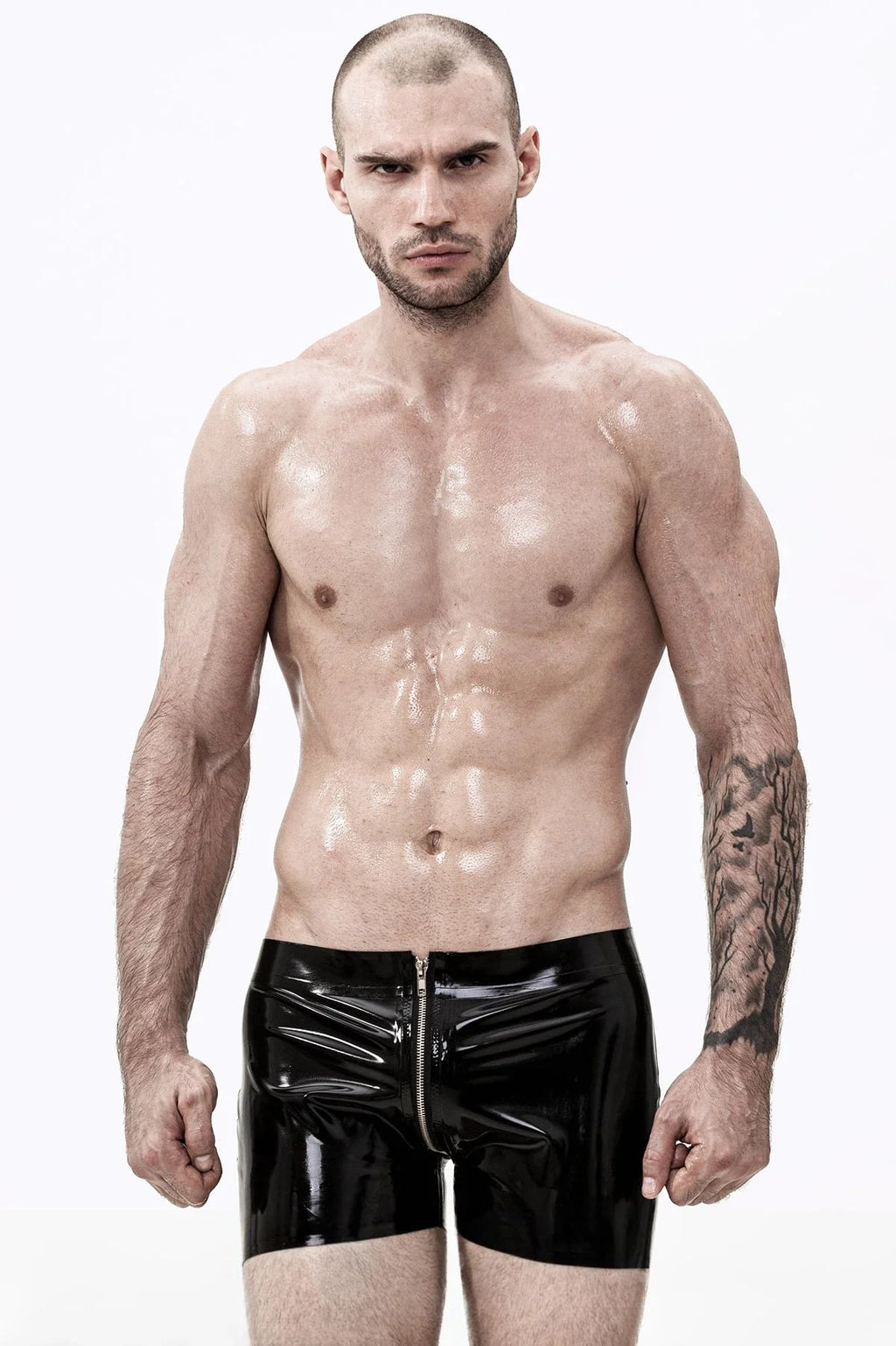 Black Through-Zip Low-Waist Short Latex Shorts