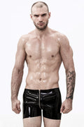 Black Through-Zip Low-Waist Short Latex Shorts