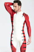 White & Red 'Tigris' Striped Back-Zip Latex Catsuit