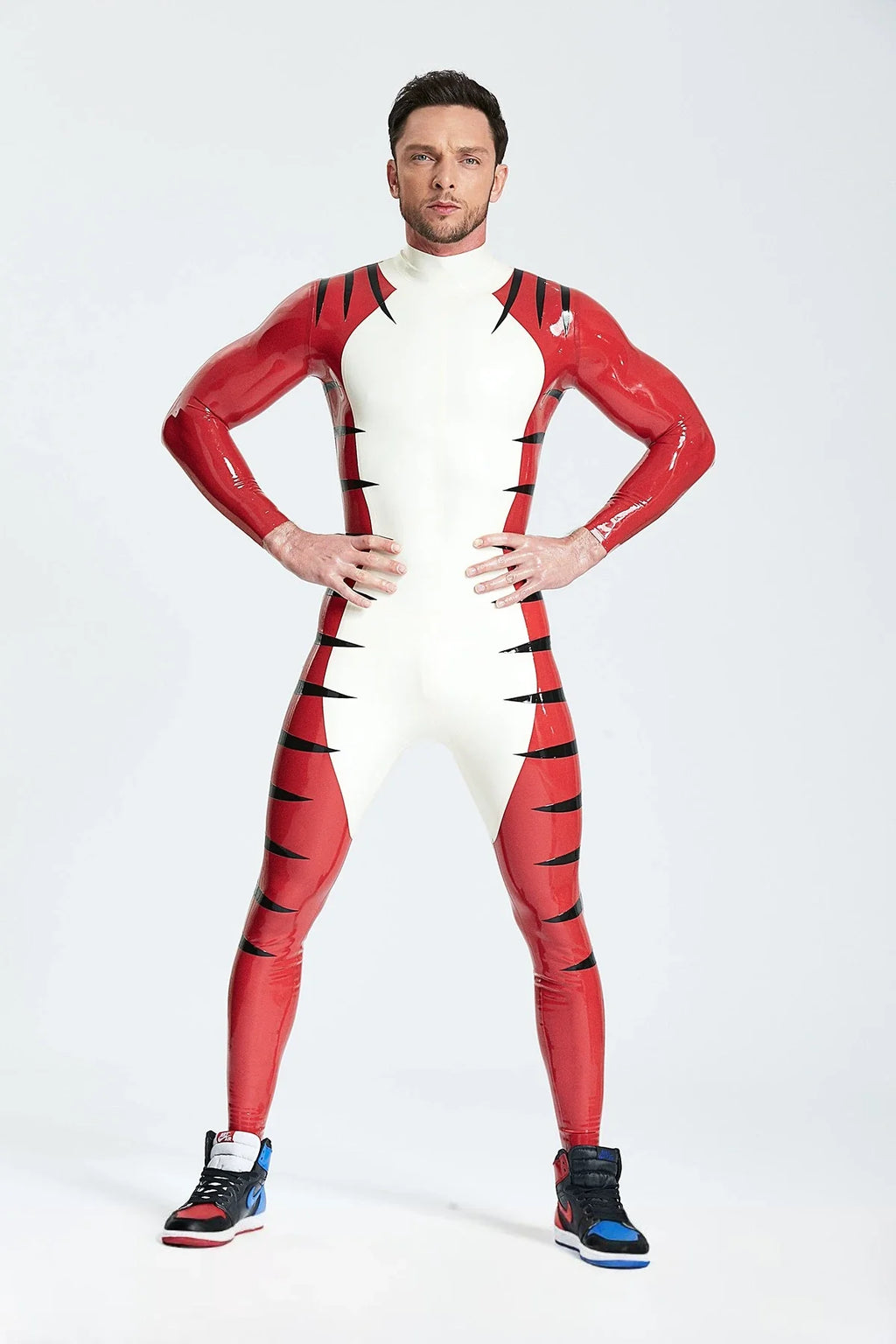 White & Red 'Tigris' Striped Back-Zip Latex Catsuit