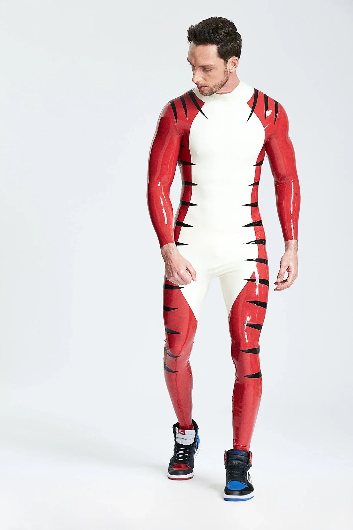 White & Red 'Tigris' Striped Back-Zip Latex Catsuit