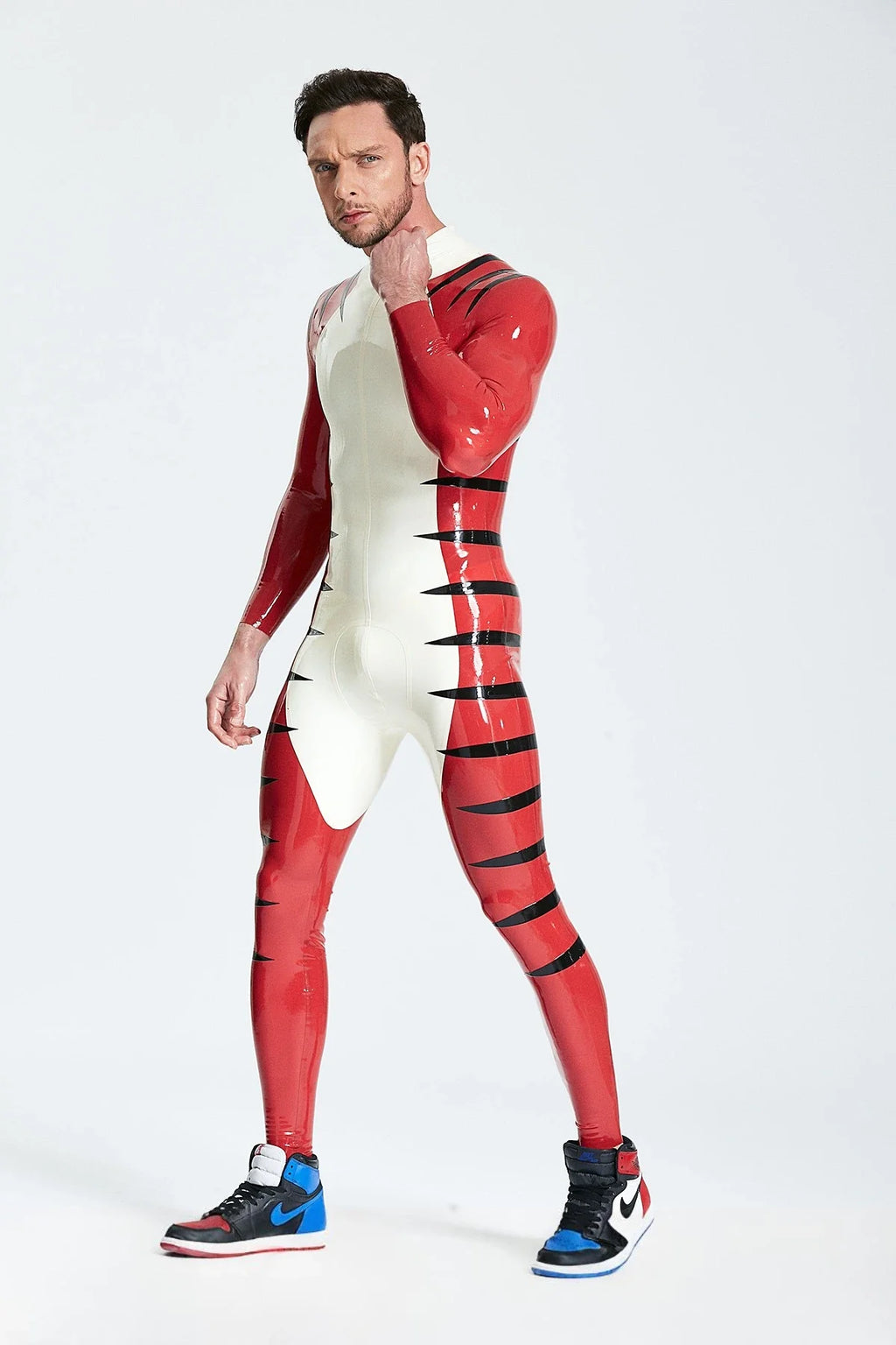 White & Red 'Tigris' Striped Back-Zip Latex Catsuit