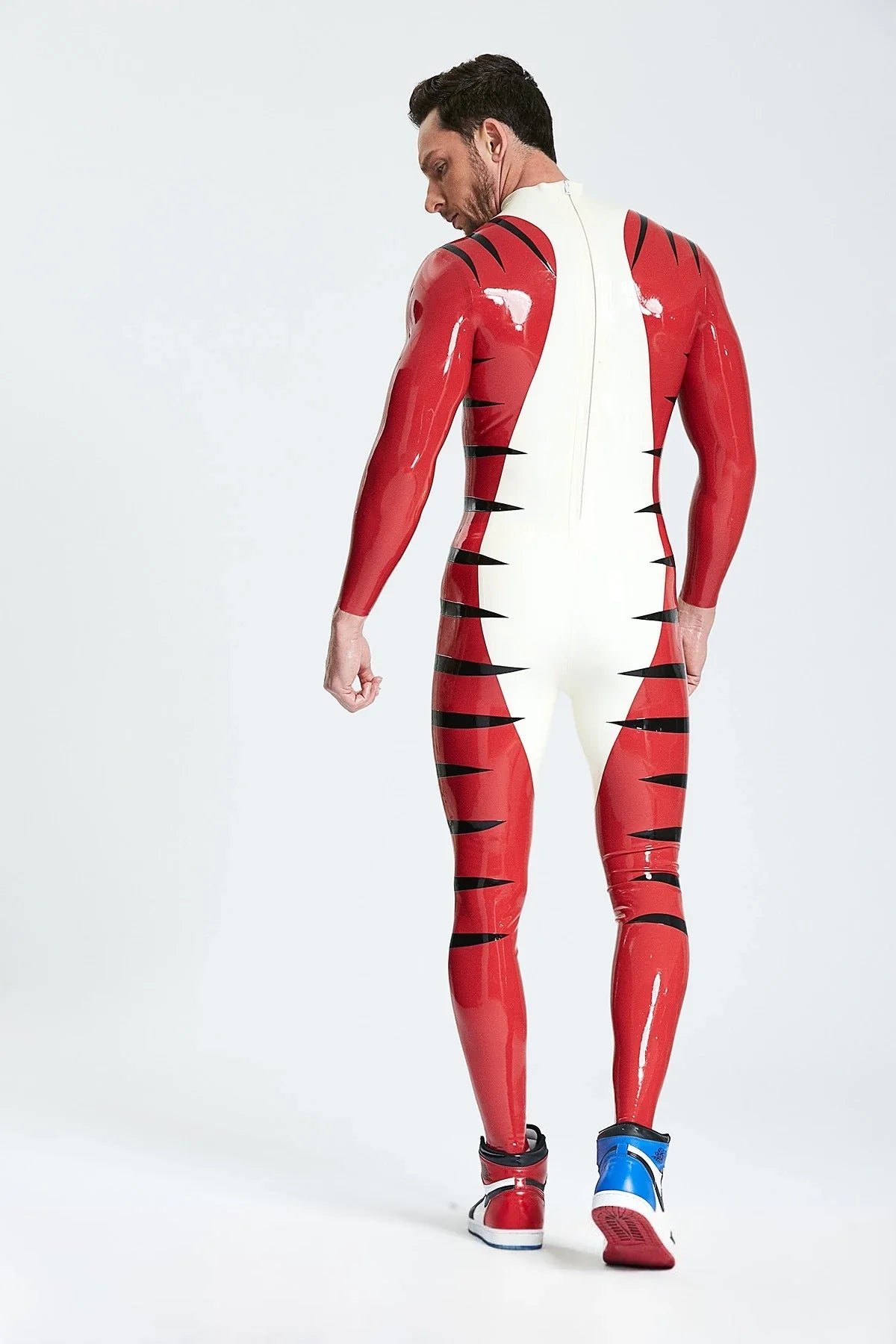 White & Red 'Tigris' Striped Back-Zip Latex Catsuit