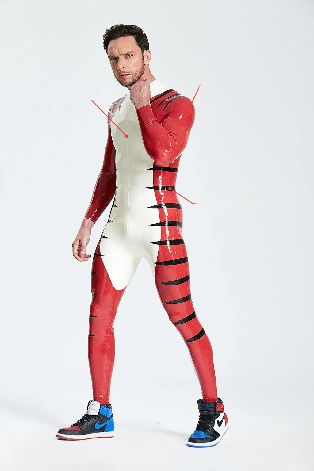 White & Red 'Tigris' Striped Back-Zip Latex Catsuit