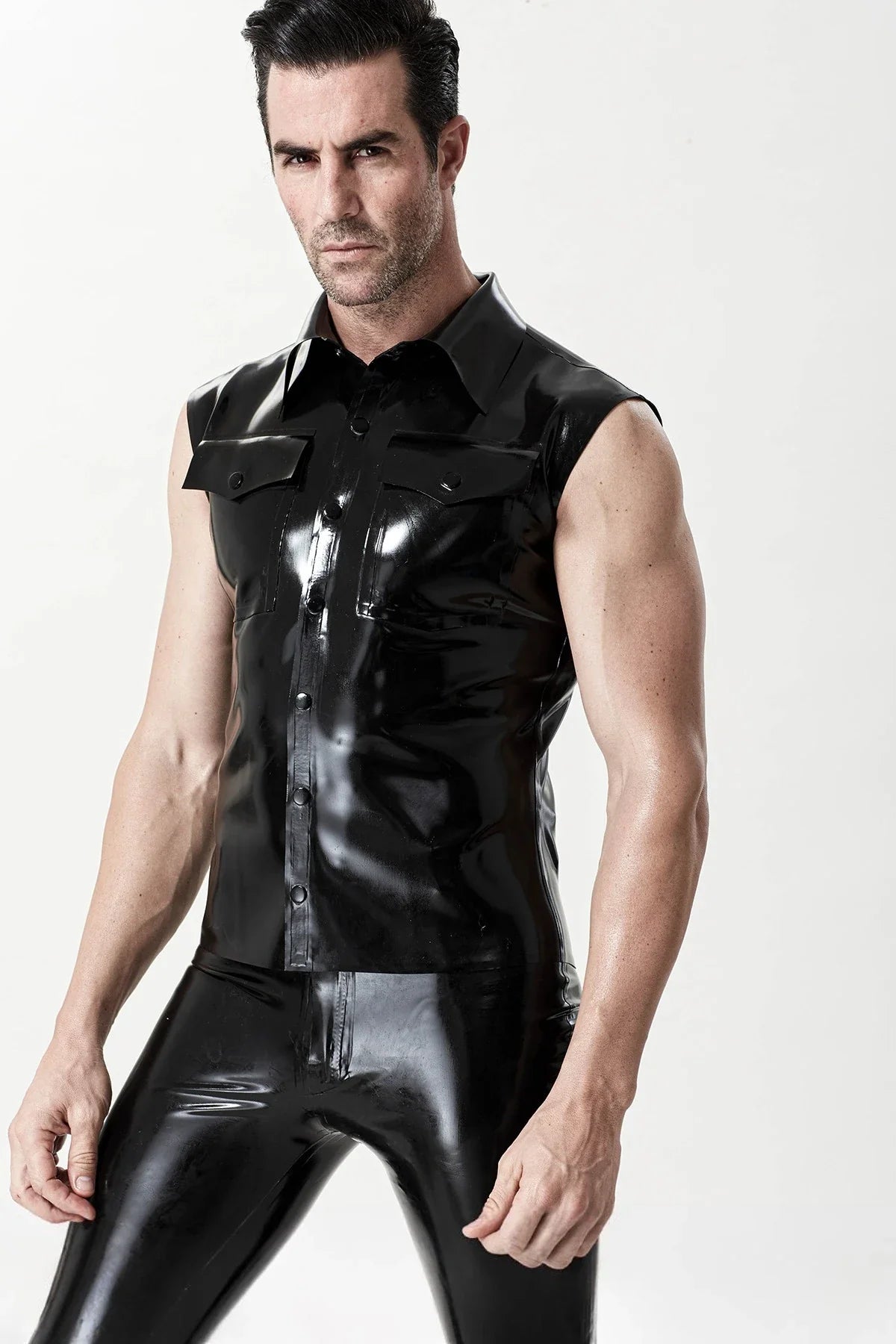 Black Tradie Shirt-Collar Stud-Front Two-Pocket Slim Sleeveless Latex Vest