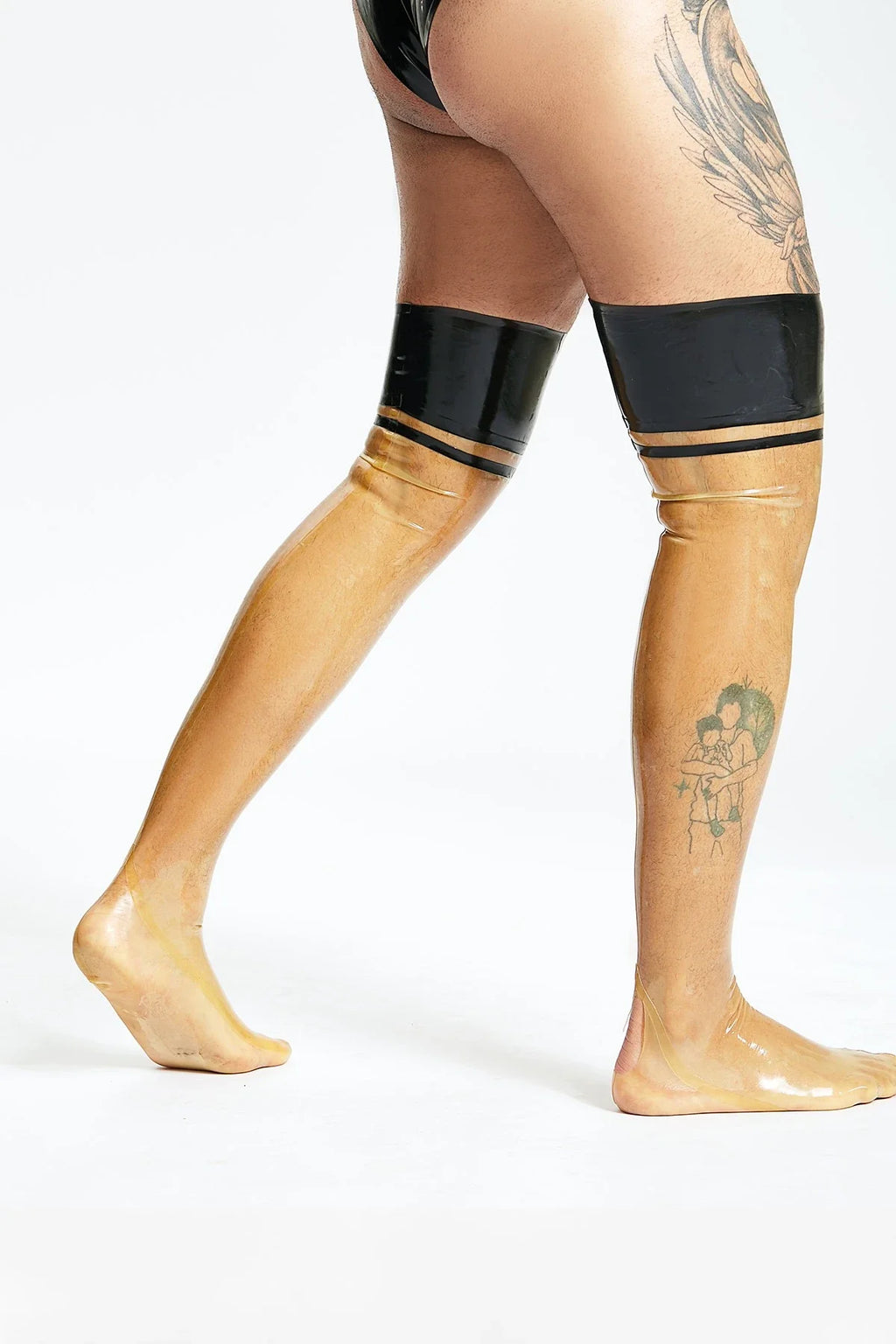 Translucent Natural & Black Wide-Trim Center-Seam Mid-Thigh Latex Stockings