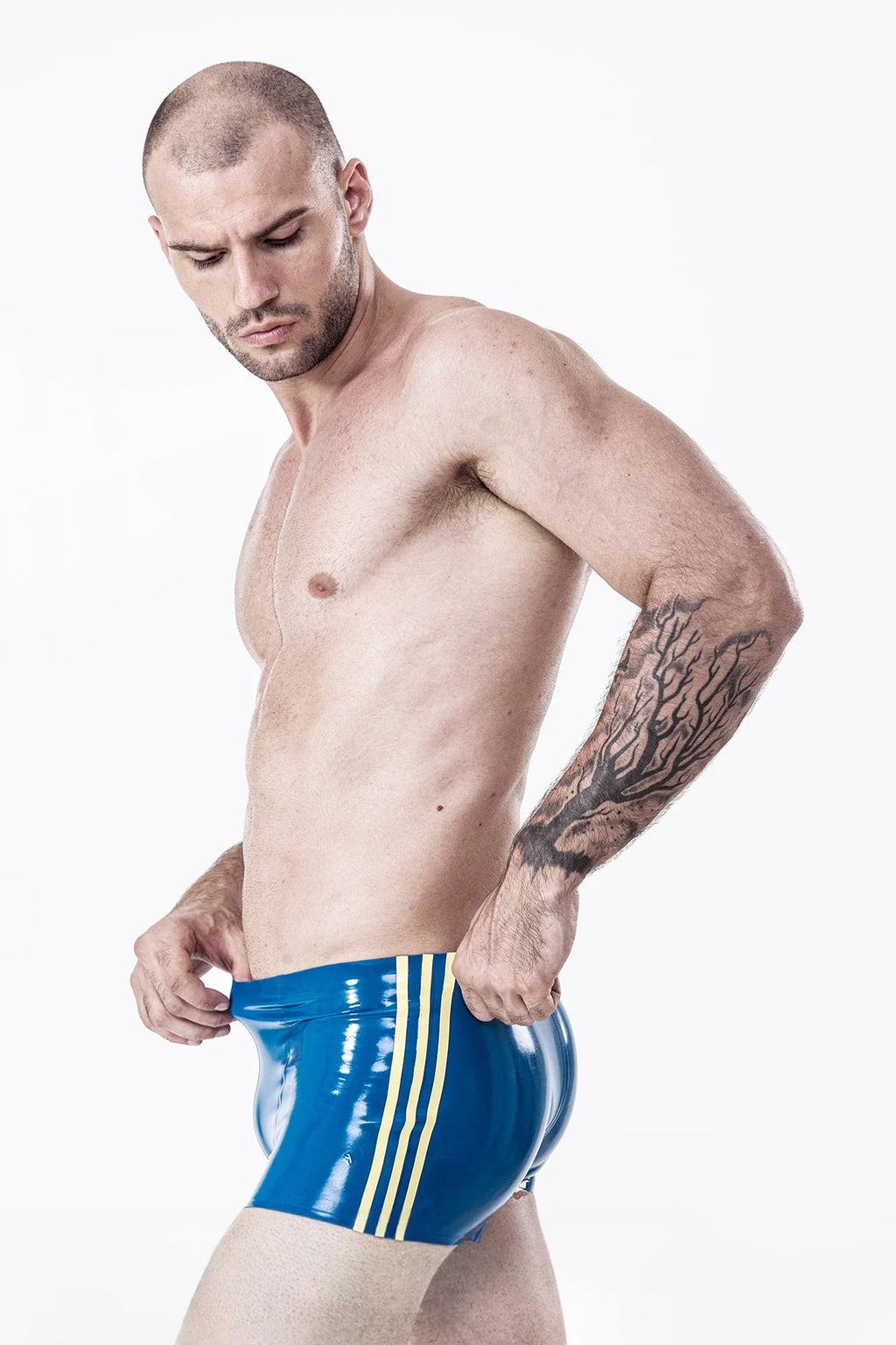 Metallic Blue & Yellow Triple-Stripe Pouch-Front Low-Waist Latex Swim Trunks