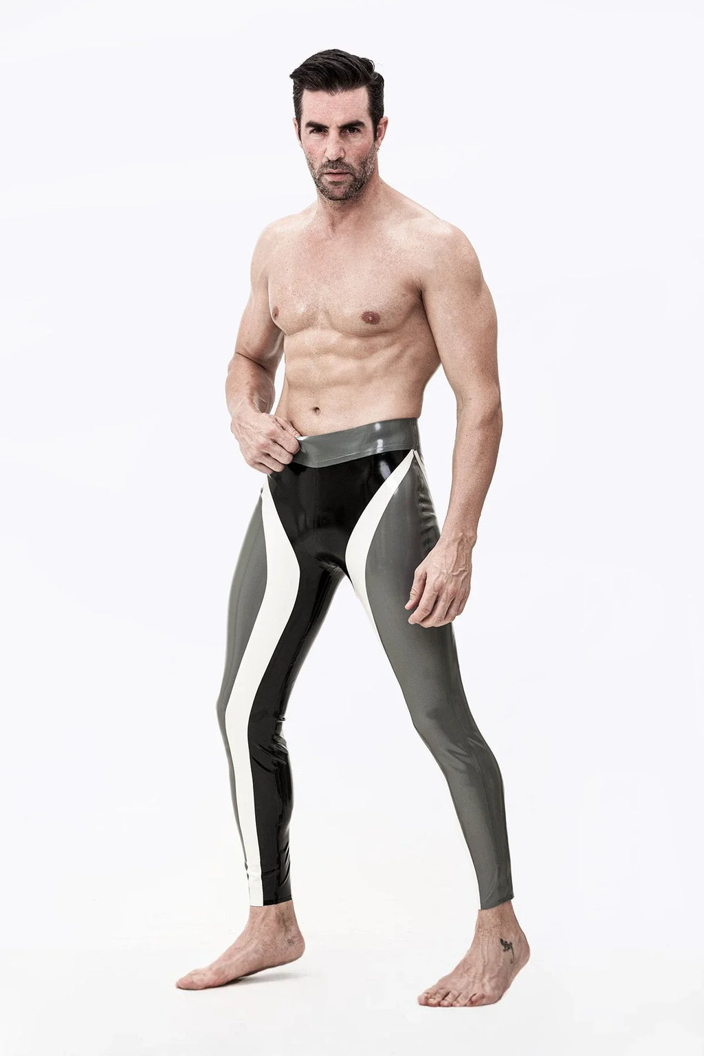 Black, Silver & White Triple Tones Meander-Stripe No-Zip Latex Leggings