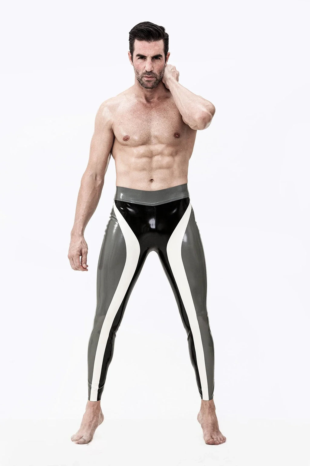 Black, Silver & White Triple Tones Meander-Stripe No-Zip Latex Leggings