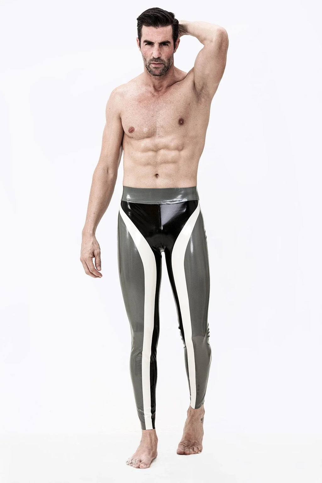 Black, Silver & White Triple Tones Meander-Stripe No-Zip Latex Leggings