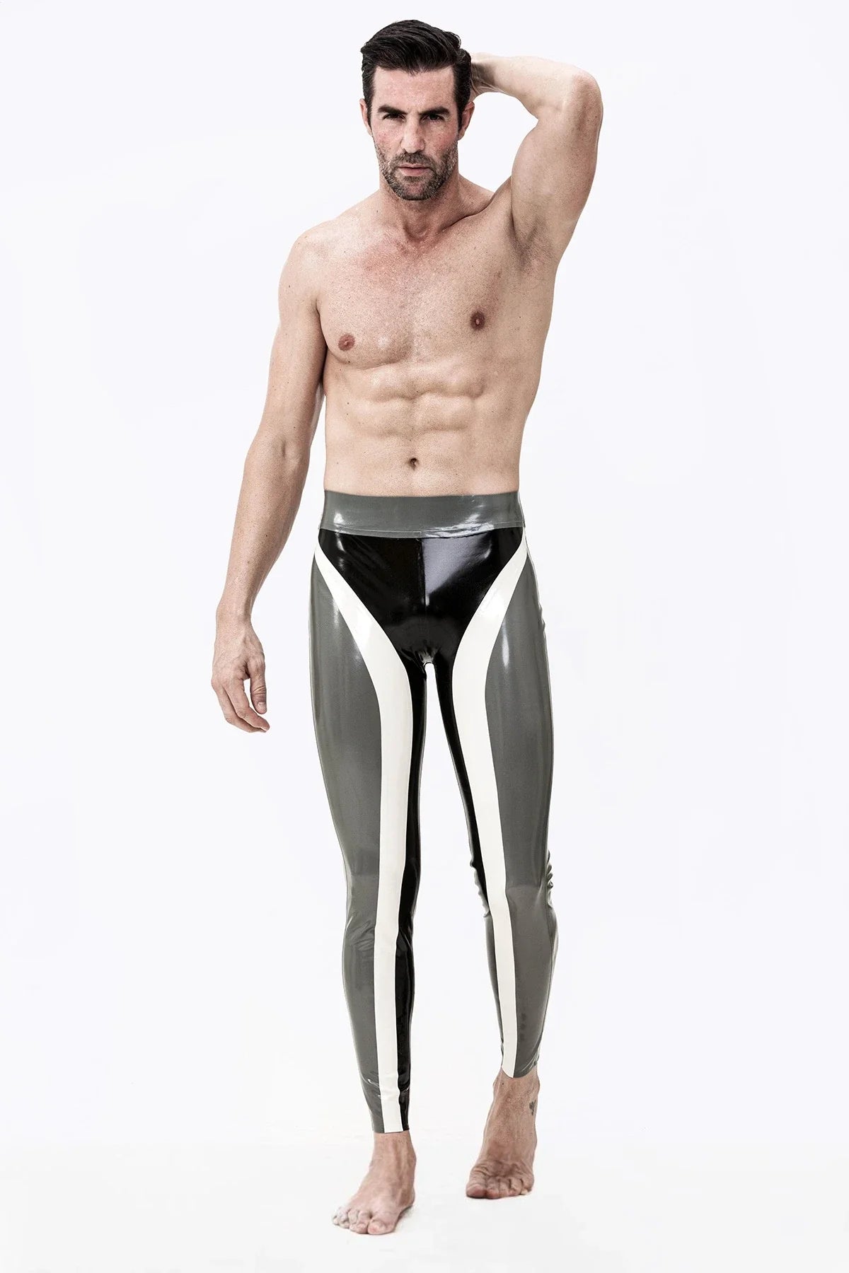 Black, Silver & White Triple Tones Meander-Stripe No-Zip Latex Leggings