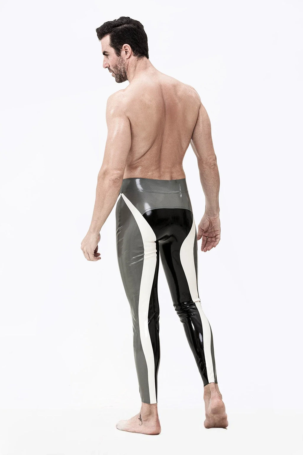 Black, Silver & White Triple Tones Meander-Stripe No-Zip Latex Leggings