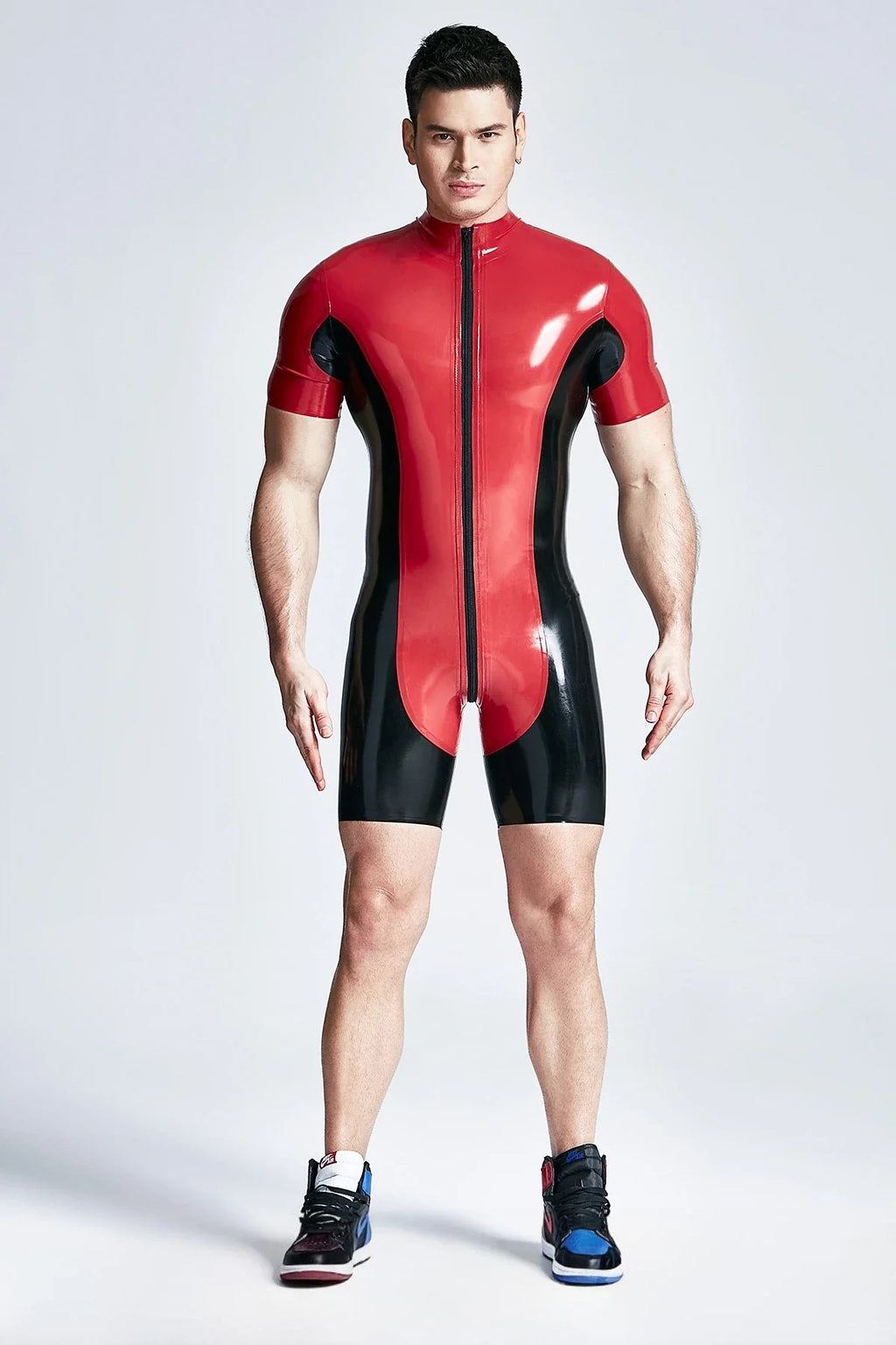 Red & Black Two-Tone High-Collar Short-Sleeve 3-Way Zip Latex Surfsuit