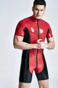 Red & Black Two-Tone High-Collar Short-Sleeve 3-Way Zip Latex Surfsuit