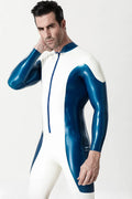 White Metallic-Blue Two-Tone Long-Sleeve Mandarin-Collar Front-Zip Latex Catsuit