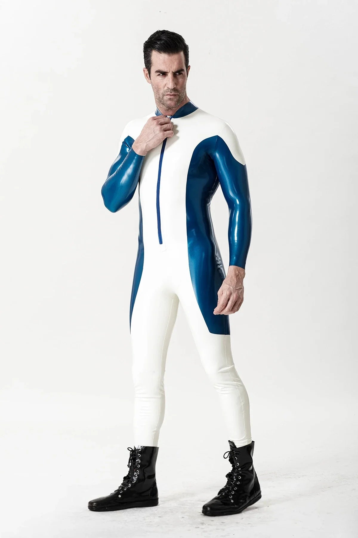 White Metallic-Blue Two-Tone Long-Sleeve Mandarin-Collar Front-Zip Latex Catsuit