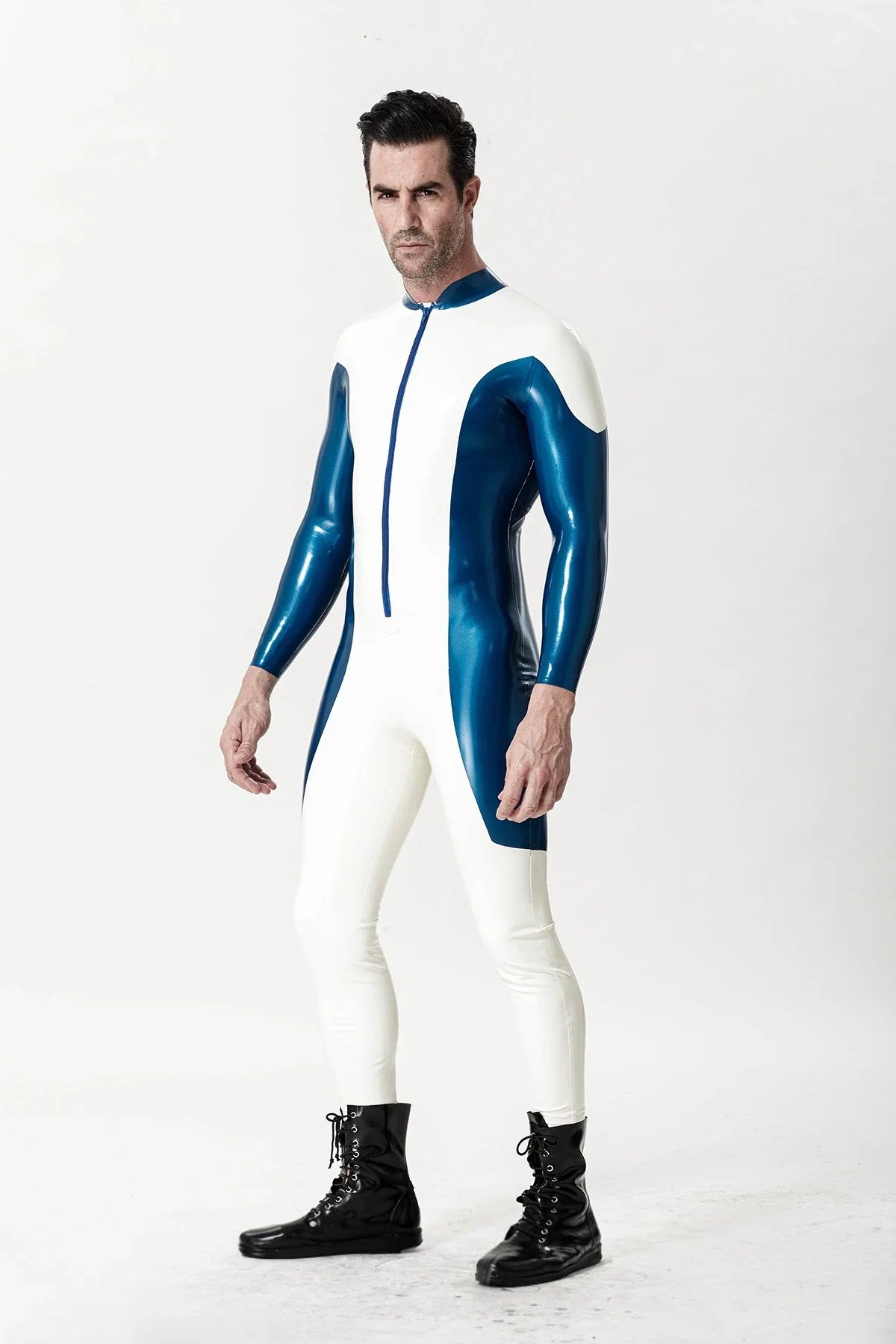 White Metallic-Blue Two-Tone Long-Sleeve Mandarin-Collar Front-Zip Latex Catsuit