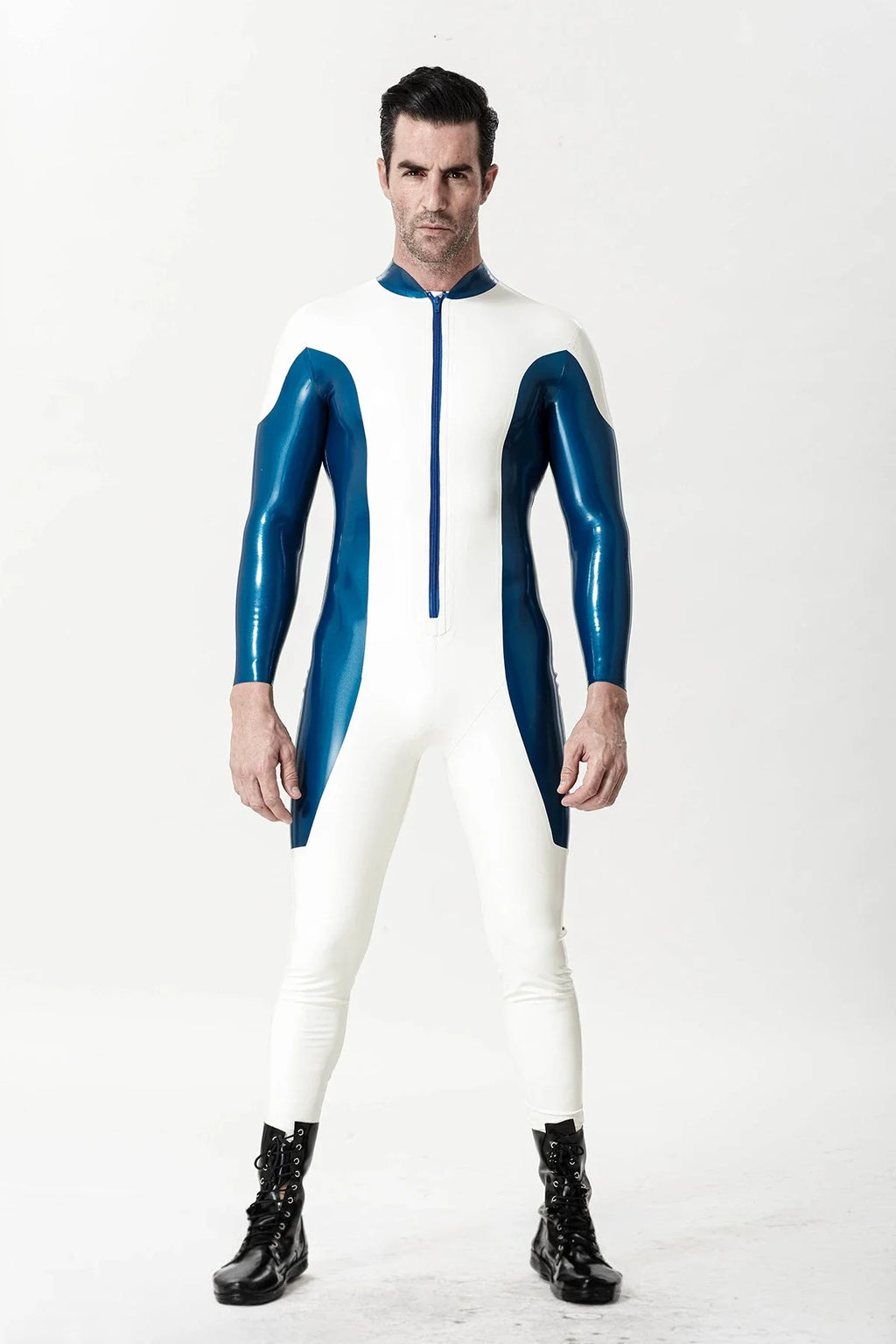 White Metallic-Blue Two-Tone Long-Sleeve Mandarin-Collar Front-Zip Latex Catsuit