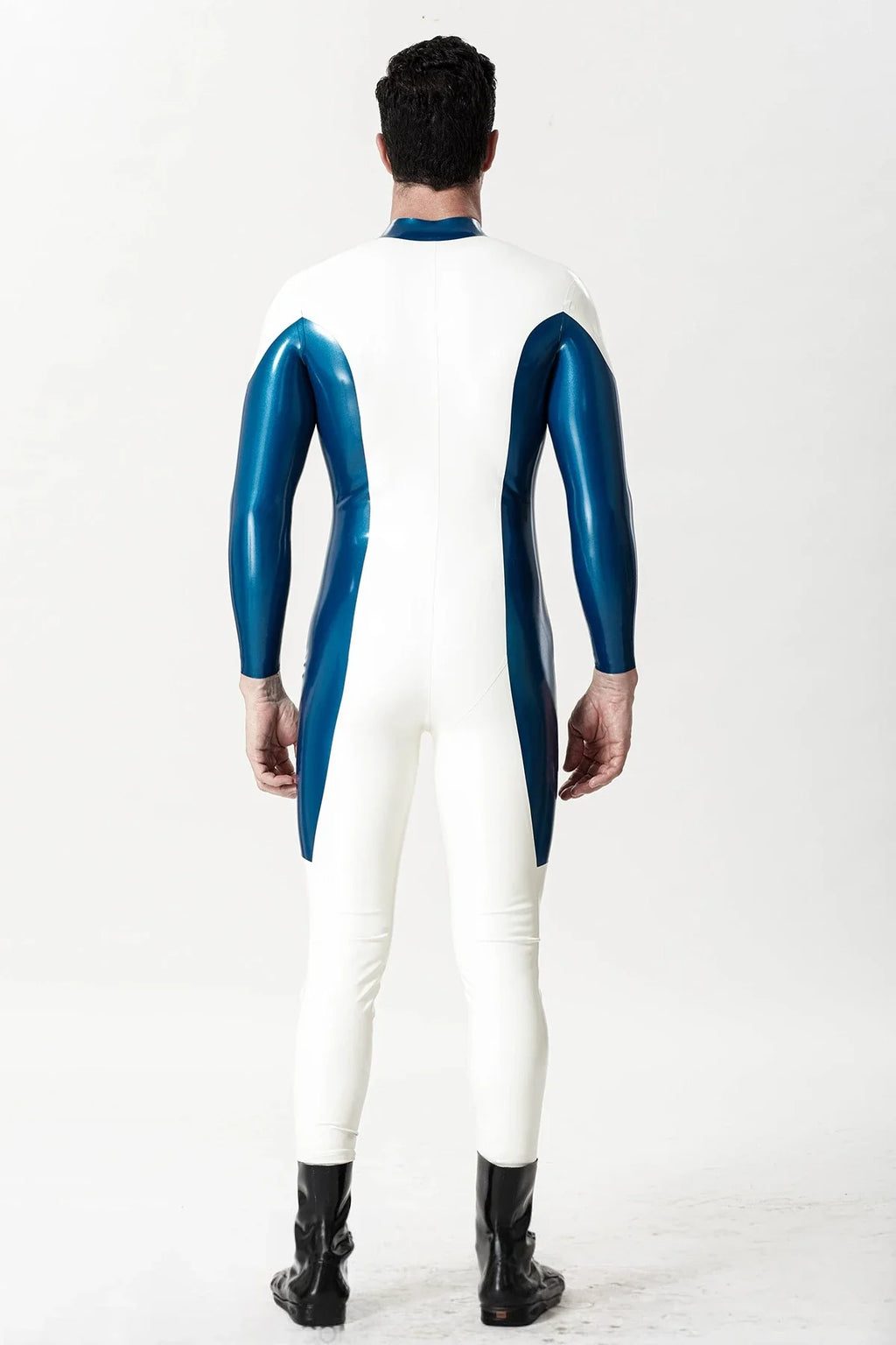 White Metallic-Blue Two-Tone Long-Sleeve Mandarin-Collar Front-Zip Latex Catsuit