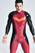 Metallic Red Black Pewter Orange Winged-Chest Back-Zip Latex Catsuit